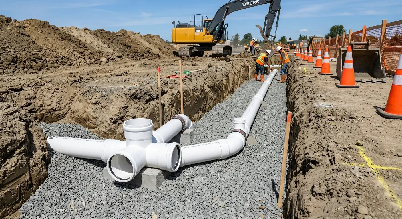 New PVC sewer pipe installation in open trench for Commercial Drain Cleaning in Sauk Village