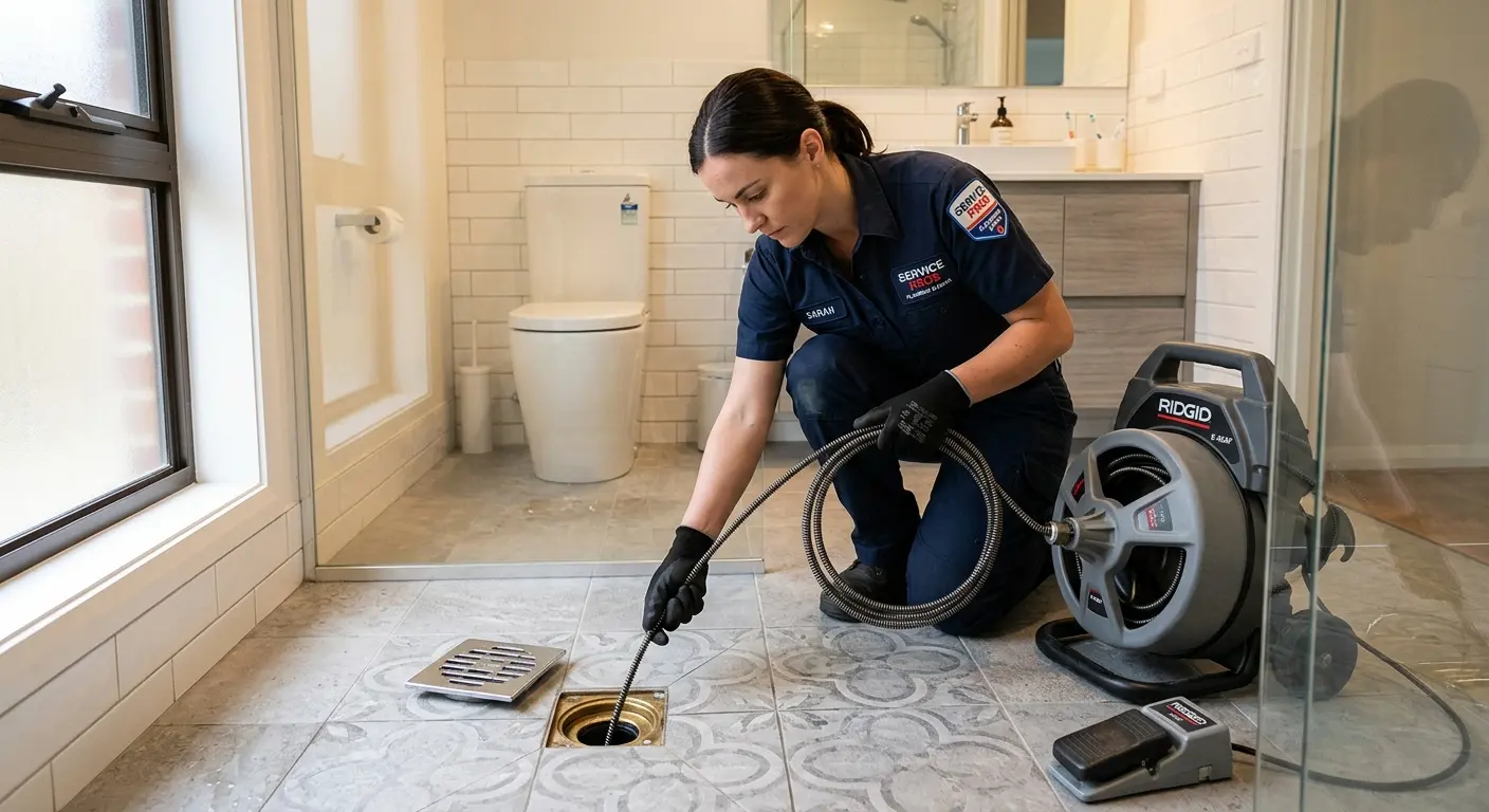 Technician clearing a bathroom floor drain for Drain Repair in Sauk Village